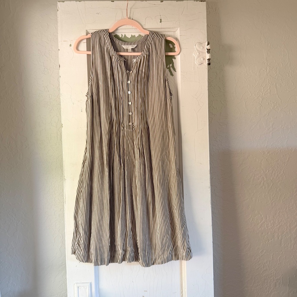 Garnet Hill Womens XS Olive Green White Striped Sleeveless Button Front Dress